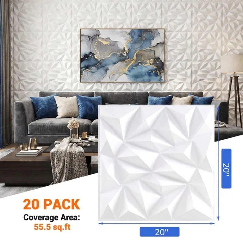 SUGIFT 20 Pack 3D Wall Panels with Diamond Pattern, Decorative PVC Wall Art Panels for Living Room Bedroom TV Background Ceiling Decor, White