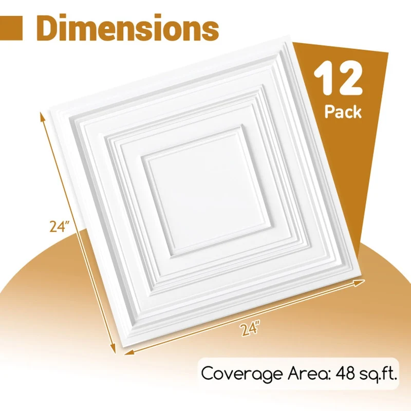 SUGIFT Drop Ceiling Tiles 24 x 24 Inch PVC Ceiling Panels with 3D Patterns, 12 Pack Glue Up Ceiling Tiles for Kitchen Living Room, White,