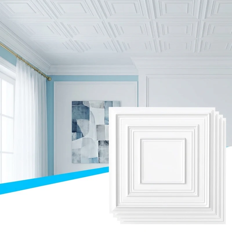 SUGIFT Drop Ceiling Tiles 24 x 24 Inch PVC Ceiling Panels with 3D Patterns, 12 Pack Glue Up Ceiling Tiles for Kitchen Living Room, White,
