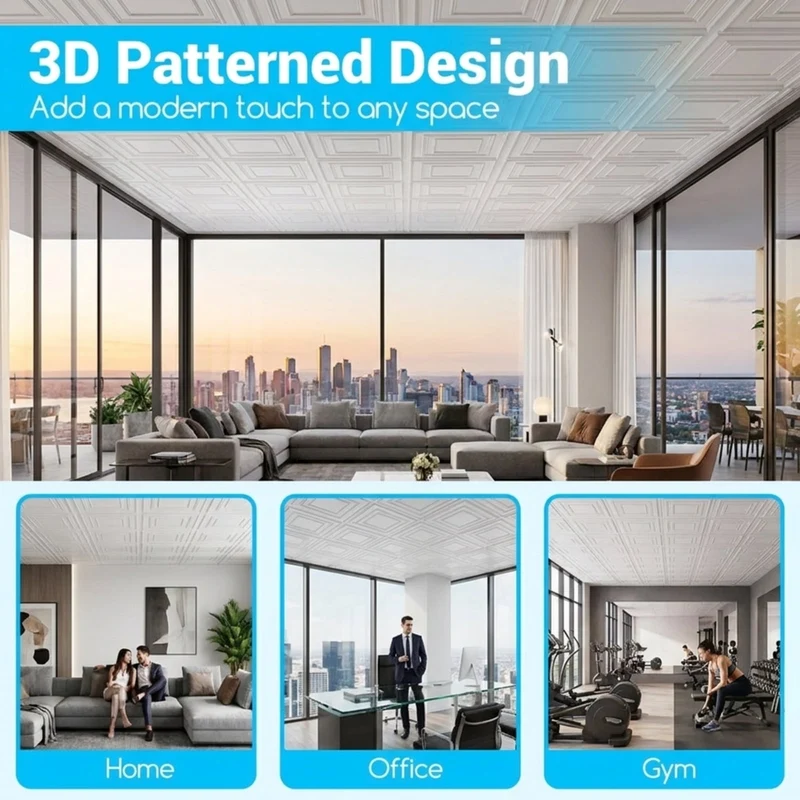 SUGIFT Drop Ceiling Tiles 24 x 24 Inch PVC Ceiling Panels with 3D Patterns, 12 Pack Glue Up Ceiling Tiles for Kitchen Living Room, White,