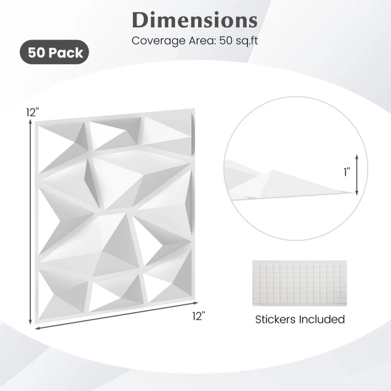 SUGIFT 50 Pack 3D Wall Panels with Diamond Accent, PVC Decorative Wall Panel Textured Wall Art for Living Room Bedroom Interior Decor, White