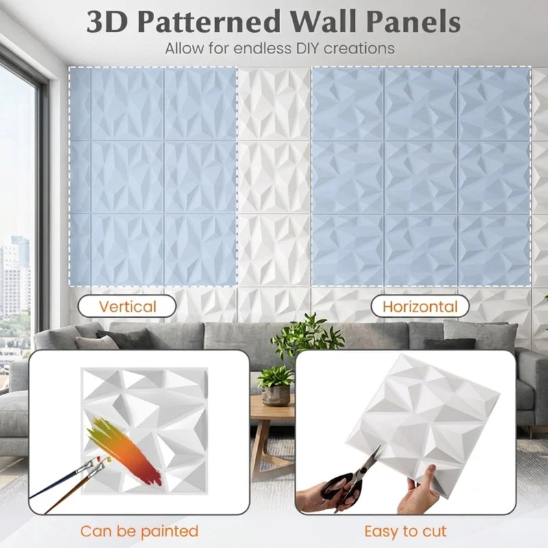 SUGIFT 50 Pack 3D Wall Panels with Diamond Accent, PVC Decorative Wall Panel Textured Wall Art for Living Room Bedroom Interior Decor, White