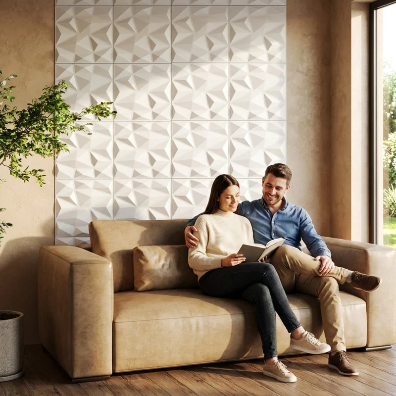 SUGIFT 50 Pack 3D Wall Panels with Diamond Accent, PVC Decorative Wall Panel Textured Wall Art for Living Room Bedroom Interior Decor, White