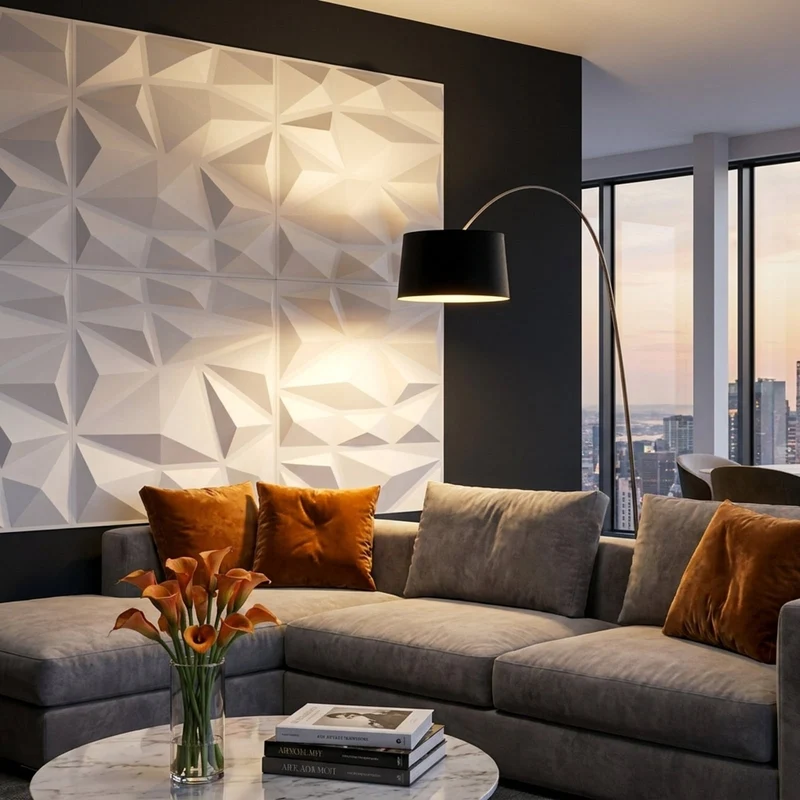 SUGIFT 50 Pack 3D Wall Panels with Diamond Accent, PVC Decorative Wall Panel Textured Wall Art for Living Room Bedroom Interior Decor, White