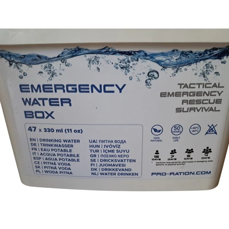 EMERGENCY WATER BOX | Inhalt 47 x 330ml Wasser Rationen