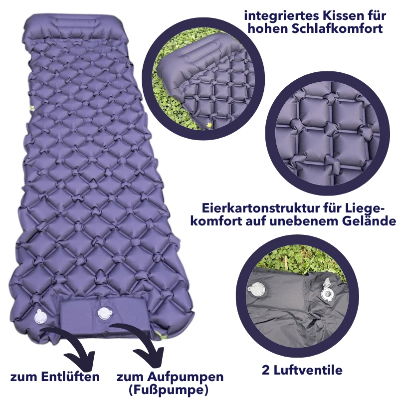 Aufblasbare ultraleichte Isomatte mit Fußpumpe in schwarz