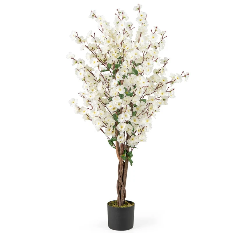 SUGIFT 47 Inch Artificial Plant Faux Plum Blossom with Solid Wood Trunk, Flowering Tree Indoor for Living Room Decor, Fabric Flowers, White Brown