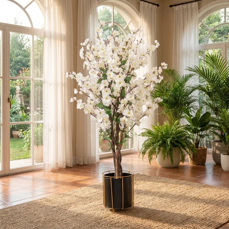 SUGIFT 47 Inch Artificial Plant Faux Plum Blossom with Solid Wood Trunk, Flowering Tree Indoor for Living Room Decor, Fabric Flowers, White Brown