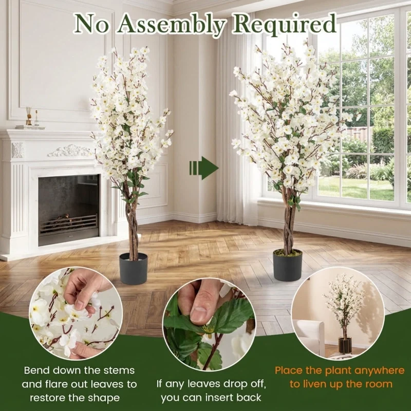 SUGIFT 47 Inch Artificial Plant Faux Plum Blossom with Solid Wood Trunk, Flowering Tree Indoor for Living Room Decor, Fabric Flowers, White Brown