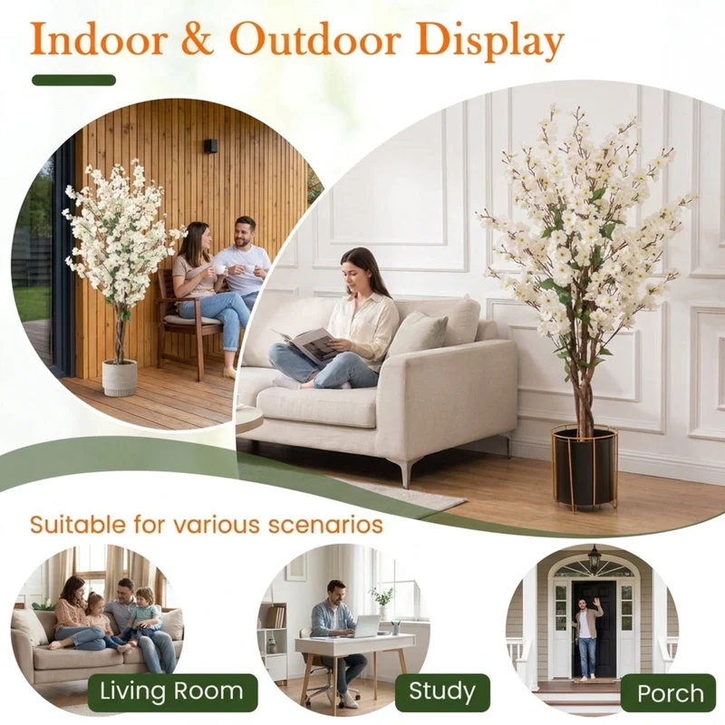SUGIFT 47 Inch Artificial Plant Faux Plum Blossom with Solid Wood Trunk, Flowering Tree Indoor for Living Room Decor, Fabric Flowers, White Brown