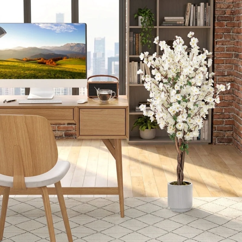 SUGIFT 47 Inch Artificial Plant Faux Plum Blossom with Solid Wood Trunk, Flowering Tree Indoor for Living Room Decor, Fabric Flowers, White Brown