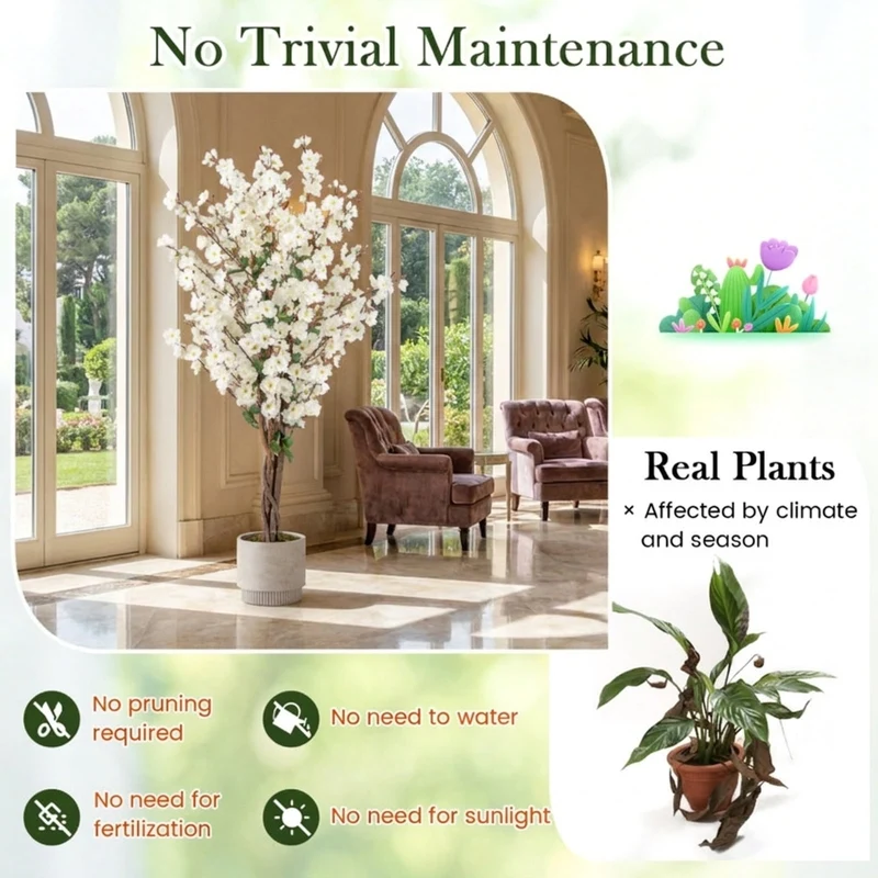 SUGIFT 47 Inch Artificial Plant Faux Plum Blossom with Solid Wood Trunk, Flowering Tree Indoor for Living Room Decor, Fabric Flowers, White Brown