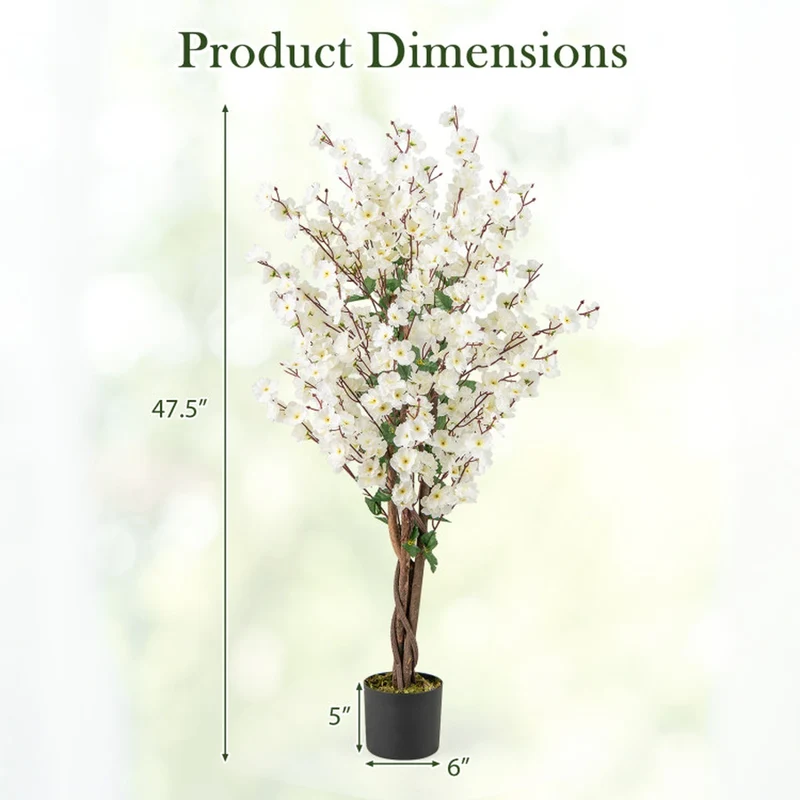 SUGIFT 47 Inch Artificial Plant Faux Plum Blossom with Solid Wood Trunk, Flowering Tree Indoor for Living Room Decor, Fabric Flowers, White Brown