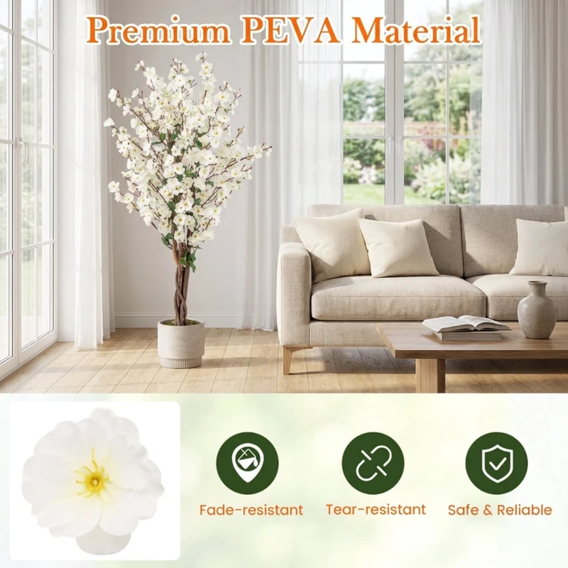 SUGIFT 47 Inch Artificial Plant Faux Plum Blossom with Solid Wood Trunk, Flowering Tree Indoor for Living Room Decor, Fabric Flowers, White Brown