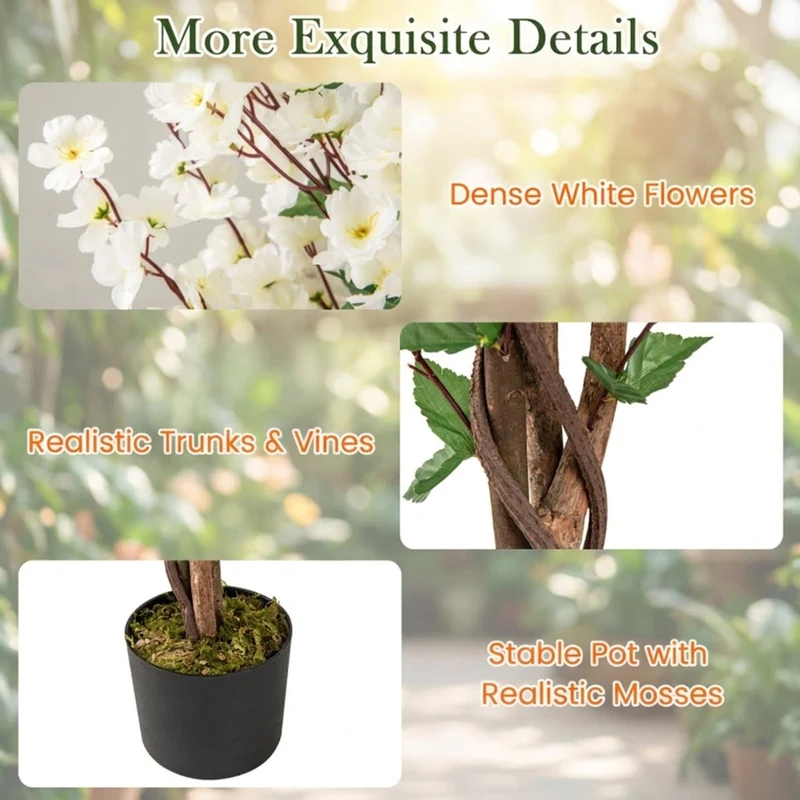 SUGIFT 47 Inch Artificial Plant Faux Plum Blossom with Solid Wood Trunk, Flowering Tree Indoor for Living Room Decor, Fabric Flowers, White Brown