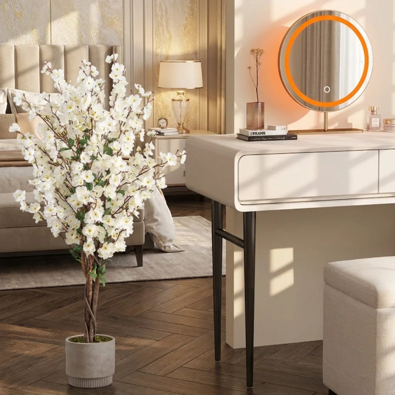 SUGIFT 47 Inch Artificial Plant Faux Plum Blossom with Solid Wood Trunk, Flowering Tree Indoor for Living Room Decor, Fabric Flowers, White Brown