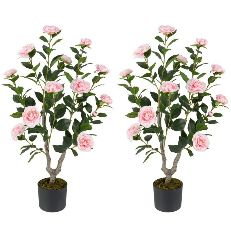 SUGIFT 36 Inch Artificial Camellia Tree with Blooming Flower, 2 Pack Faux Pink Flower Plant in Pot for Living Room Bedroom Decor, Pink + Green,