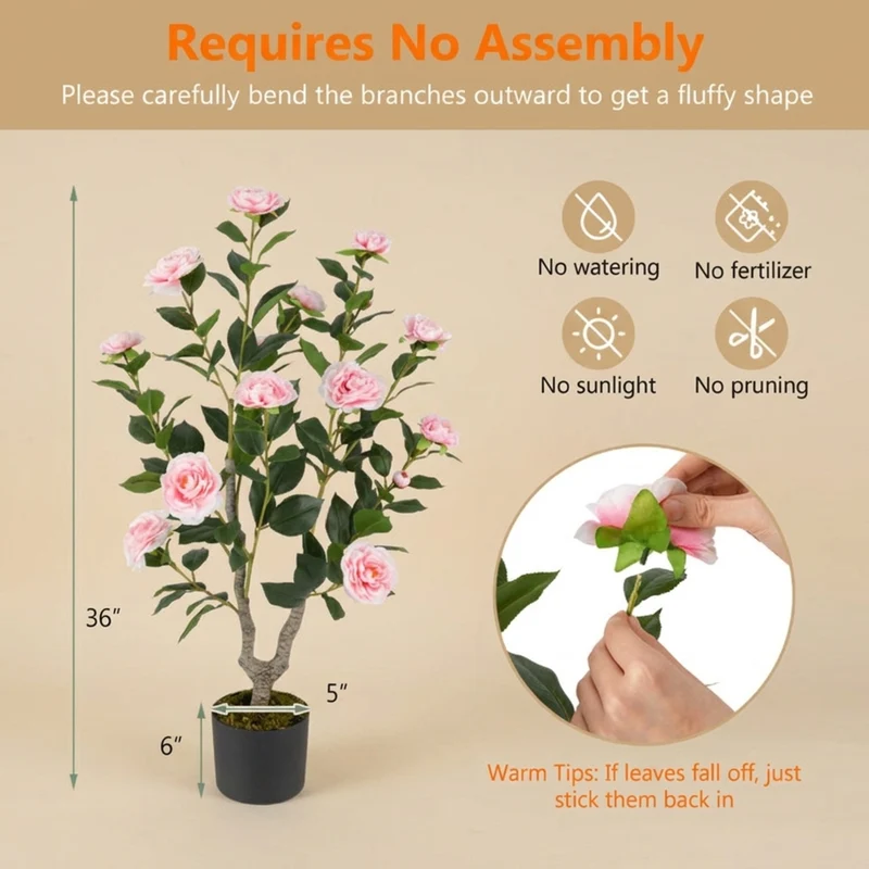 SUGIFT 36 Inch Artificial Camellia Tree with Blooming Flower, 2 Pack Faux Pink Flower Plant in Pot for Living Room Bedroom Decor, Pink + Green,