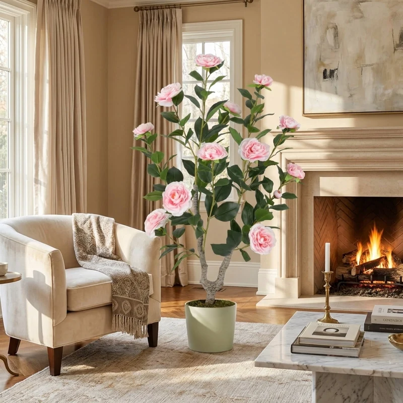 SUGIFT 36 Inch Artificial Camellia Tree with Blooming Flower, 2 Pack Faux Pink Flower Plant in Pot for Living Room Bedroom Decor, Pink + Green,