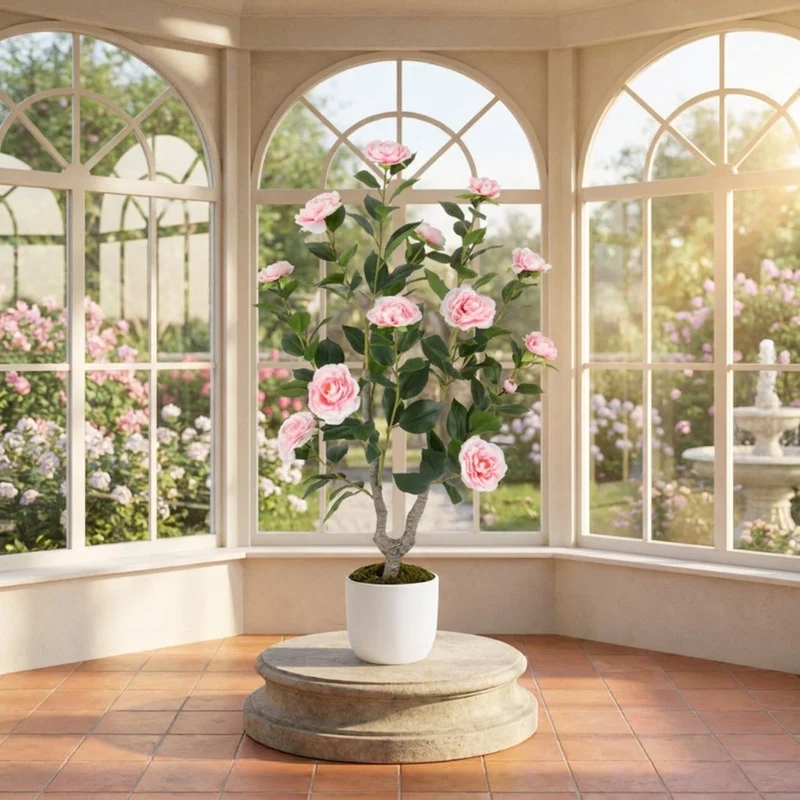 SUGIFT 36 Inch Artificial Camellia Tree with Blooming Flower, 2 Pack Faux Pink Flower Plant in Pot for Living Room Bedroom Decor, Pink + Green,