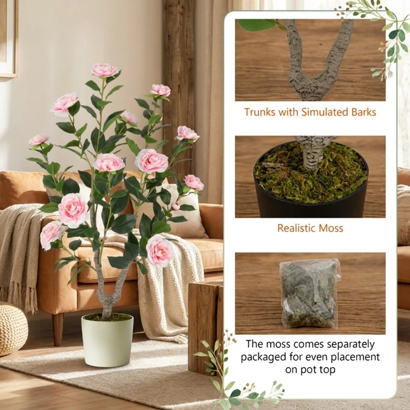SUGIFT 36 Inch Artificial Camellia Tree with Blooming Flower, 2 Pack Faux Pink Flower Plant in Pot for Living Room Bedroom Decor, Pink + Green,