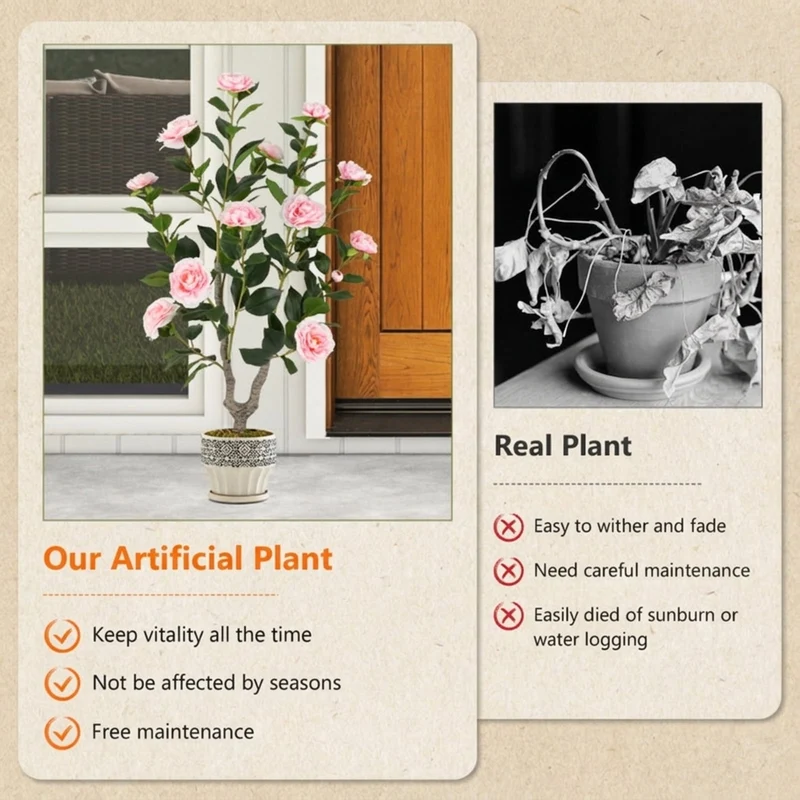 SUGIFT 36 Inch Artificial Camellia Tree with Blooming Flower, 2 Pack Faux Pink Flower Plant in Pot for Living Room Bedroom Decor, Pink + Green,