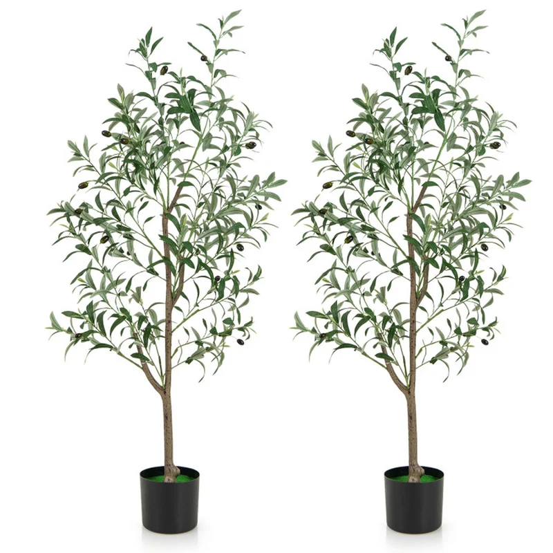 SUGIFT 4.5 Feet Artificial Olive Tree Set of 2, Faux Tree Fake Potted Plant with Realistic Fruits and Pot for Indoor Living Room Decor, Green White