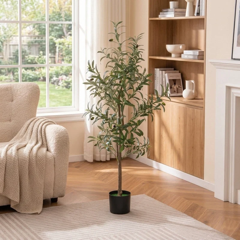 SUGIFT 4.5 Feet Artificial Olive Tree Set of 2, Faux Tree Fake Potted Plant with Realistic Fruits and Pot for Indoor Living Room Decor, Green White