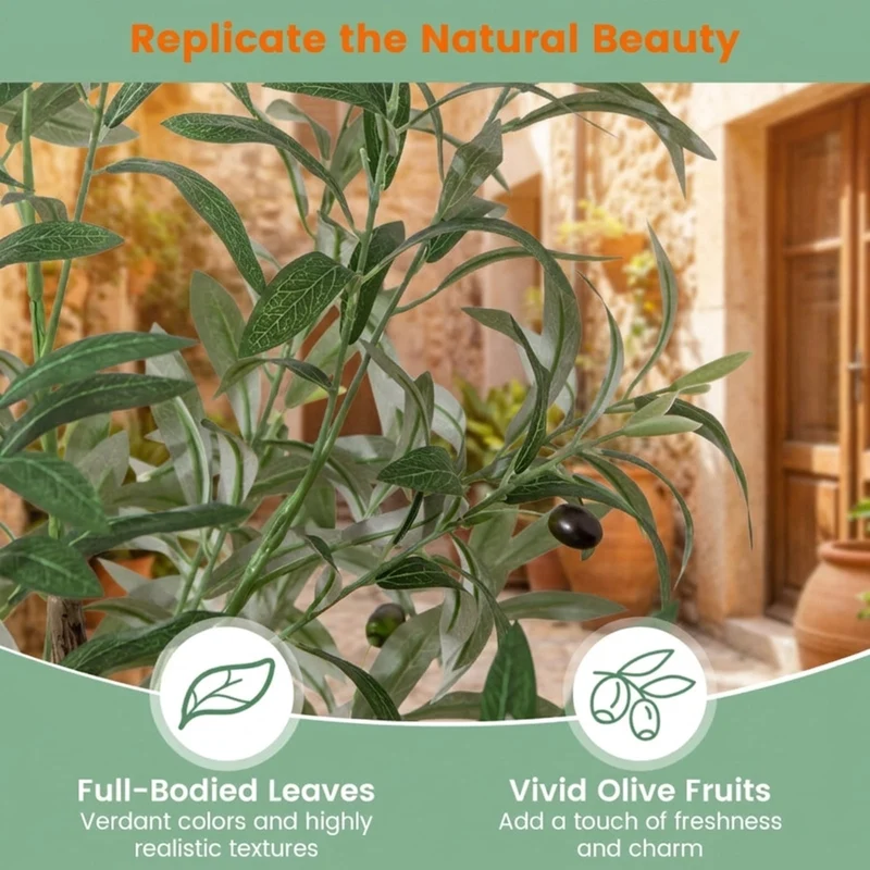 SUGIFT 4.5 Feet Artificial Olive Tree Set of 2, Faux Tree Fake Potted Plant with Realistic Fruits and Pot for Indoor Living Room Decor, Green White