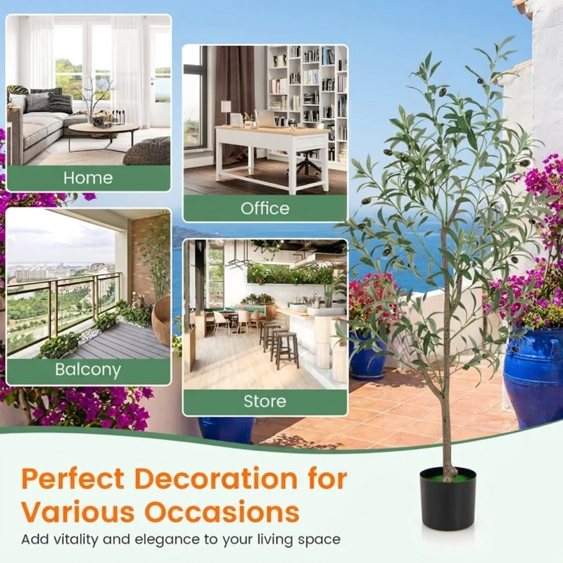 SUGIFT 4.5 Feet Artificial Olive Tree Set of 2, Faux Tree Fake Potted Plant with Realistic Fruits and Pot for Indoor Living Room Decor, Green White