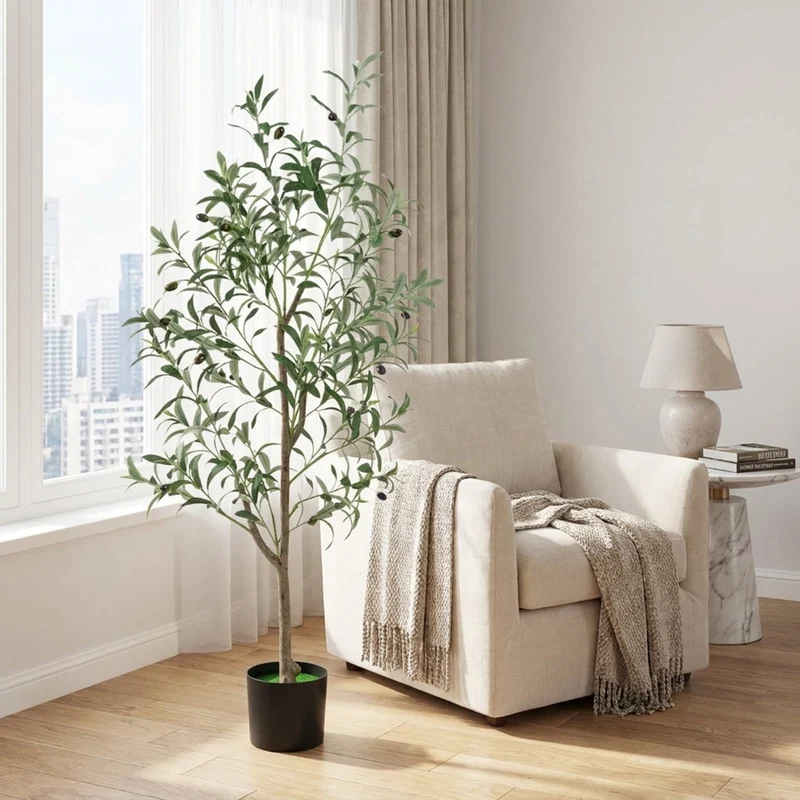 SUGIFT 4.5 Feet Artificial Olive Tree Set of 2, Faux Tree Fake Potted Plant with Realistic Fruits and Pot for Indoor Living Room Decor, Green White