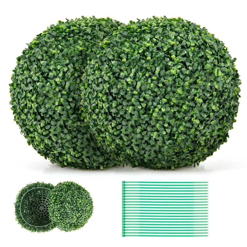 SUGIFT 2 Pieces 16 Inch Artificial Plant Boxwood Topiary Balls, Faux Greenery Spheres for Patio Garden Front Door Decor, Fake Boxwood, Green