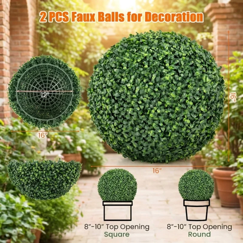 SUGIFT 2 Pieces 16 Inch Artificial Plant Boxwood Topiary Balls, Faux Greenery Spheres for Patio Garden Front Door Decor, Fake Boxwood, Green