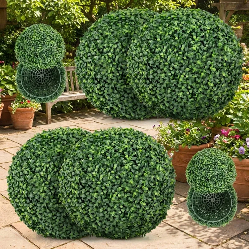 SUGIFT 2 Pieces 16 Inch Artificial Plant Boxwood Topiary Balls, Faux Greenery Spheres for Patio Garden Front Door Decor, Fake Boxwood, Green