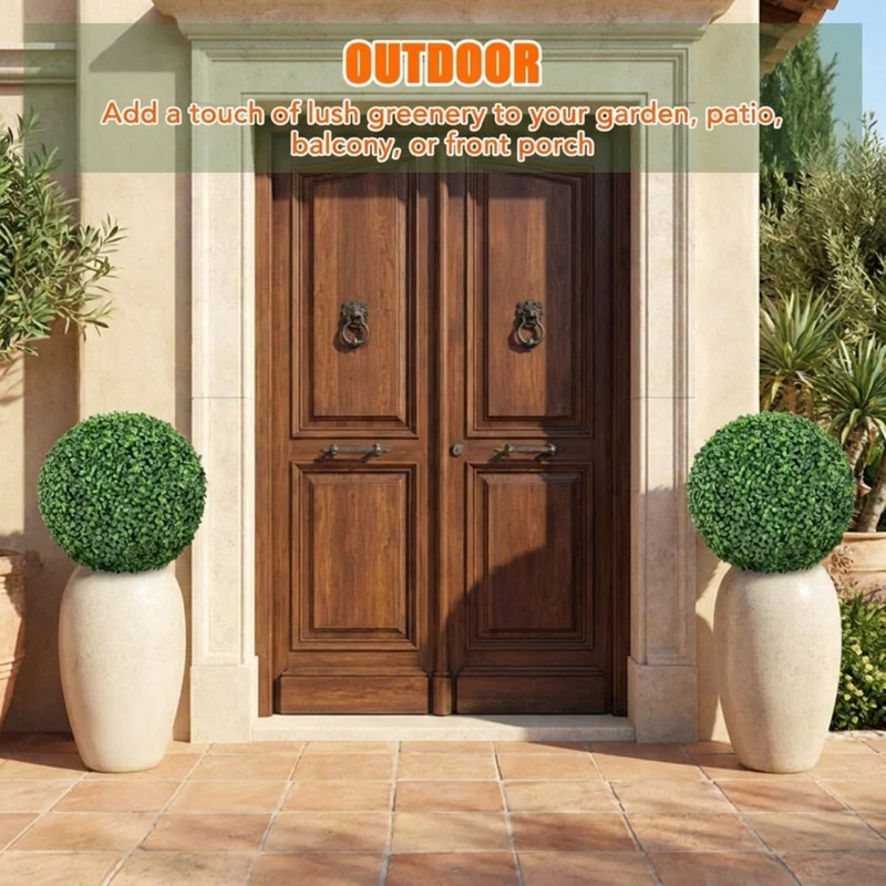 SUGIFT 2 Pieces 16 Inch Artificial Plant Boxwood Topiary Balls, Faux Greenery Spheres for Patio Garden Front Door Decor, Fake Boxwood, Green
