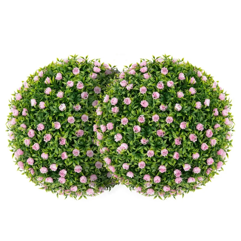 SUGIFT 2 PCS Artificial Plant Topiary Balls, 17.5 Inch Faux Boxwood Balls with Pink Flowers for Indoor Outdoor Wedding Decor, Pink Green,