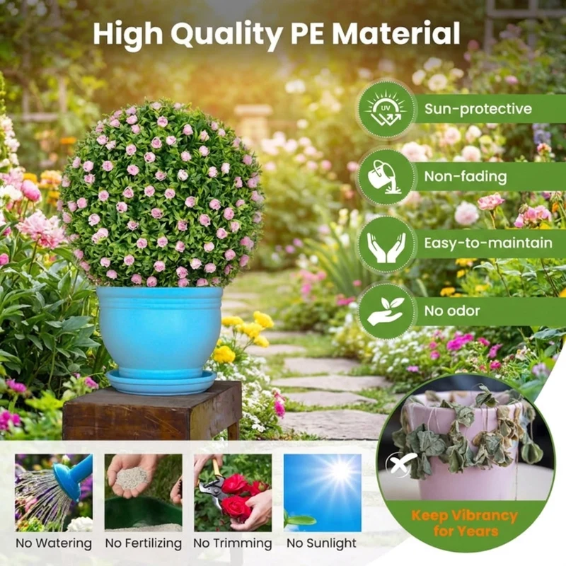 SUGIFT 2 PCS Artificial Plant Topiary Balls, 17.5 Inch Faux Boxwood Balls with Pink Flowers for Indoor Outdoor Wedding Decor, Pink Green,