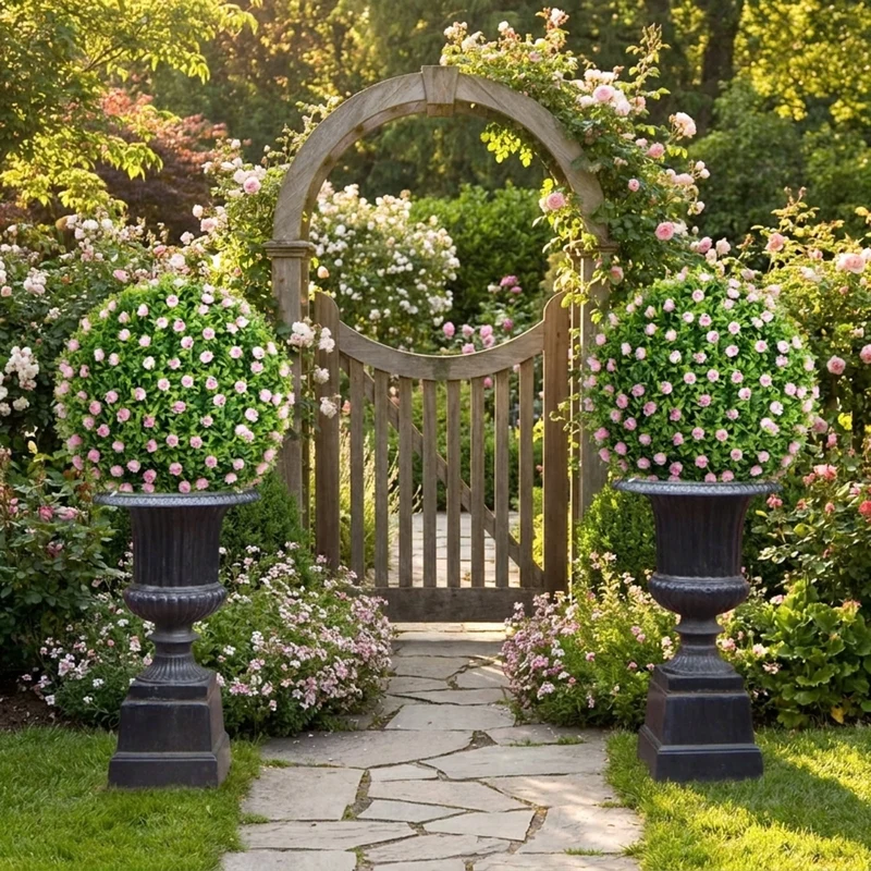 SUGIFT 2 PCS Artificial Plant Topiary Balls, 17.5 Inch Faux Boxwood Balls with Pink Flowers for Indoor Outdoor Wedding Decor, Pink Green,