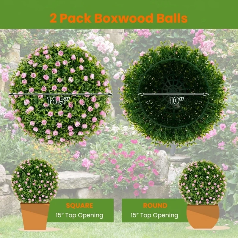 SUGIFT 2 PCS Artificial Plant Topiary Balls, 17.5 Inch Faux Boxwood Balls with Pink Flowers for Indoor Outdoor Wedding Decor, Pink Green,