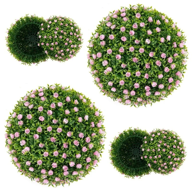 SUGIFT 2 PCS Artificial Plant Topiary Balls, 17.5 Inch Faux Boxwood Balls with Pink Flowers for Indoor Outdoor Wedding Decor, Pink Green,