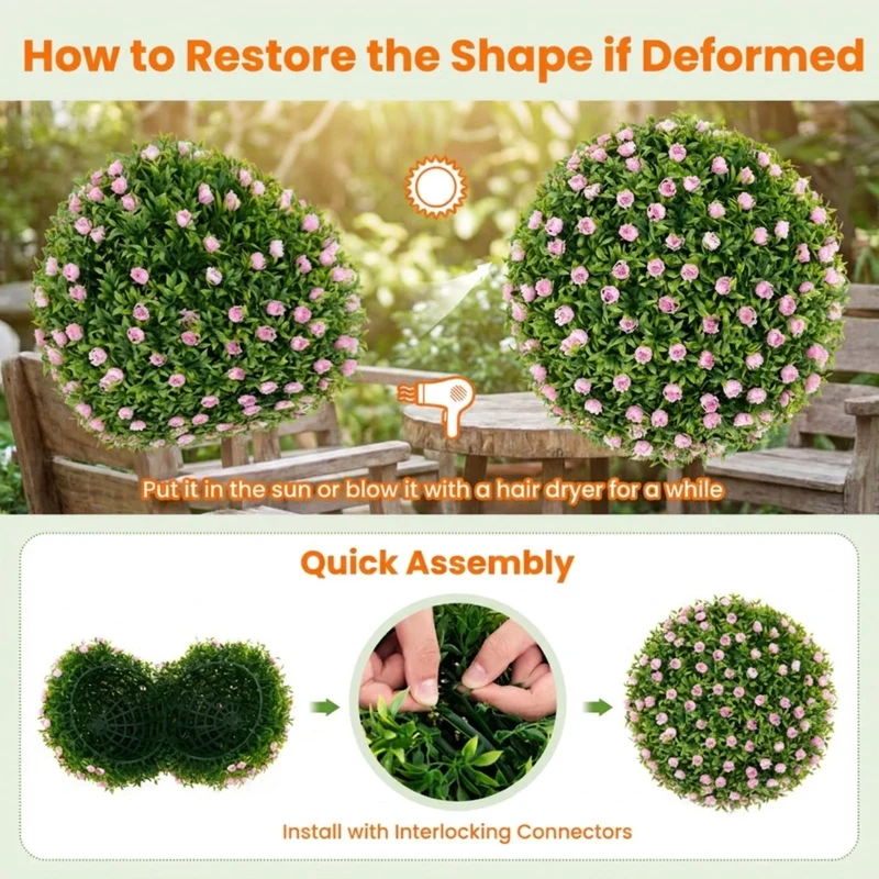 SUGIFT 2 PCS Artificial Plant Topiary Balls, 17.5 Inch Faux Boxwood Balls with Pink Flowers for Indoor Outdoor Wedding Decor, Pink Green,