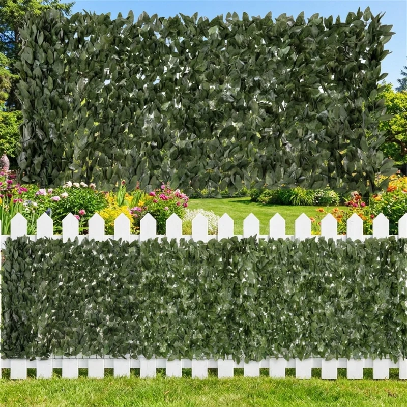 SUGIFT Artificial Lily Leaf Privacy Fence, Faux Greenery Expandable Hedge Screen for Garden Yard Balcony Deck Outdoor Wall Decor, Dark Green