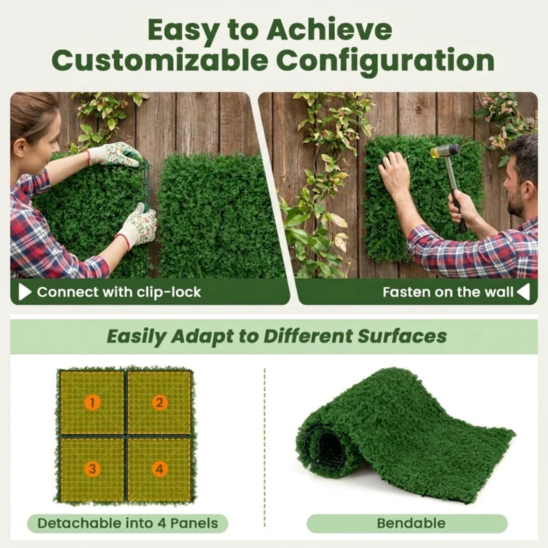SUGIFT 12 Pieces Artificial Grass Wall Panels, 20 x 20 Inch Faux Greenery Hedge Panel for Outdoor Garden Yard Balcony Fence Backdrop Decor, Green