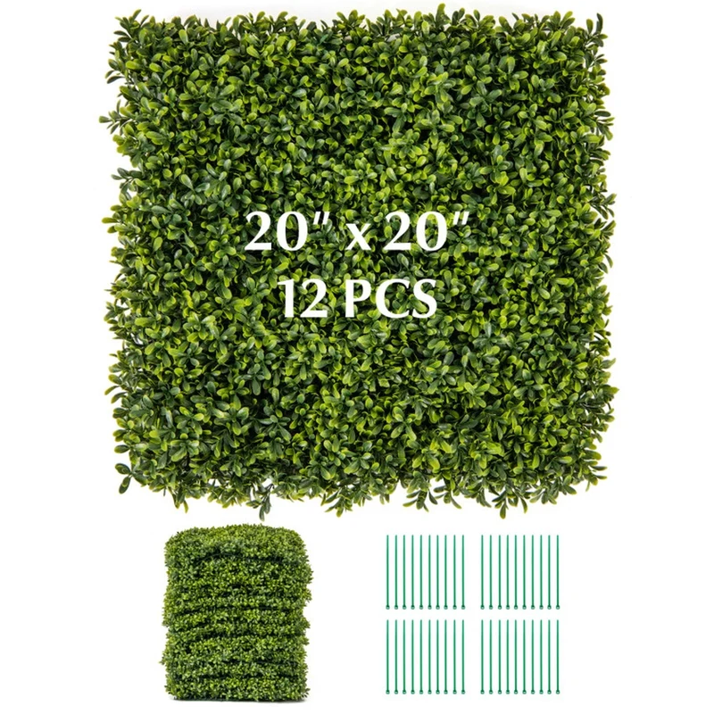 SUGIFT 12 Pieces 20 x 20 Inch Artificial Hedge Boxwood Panels, Faux Greenery Wall Panels for Indoor Outdoor Garden Fence Backdrop Decor, Green,