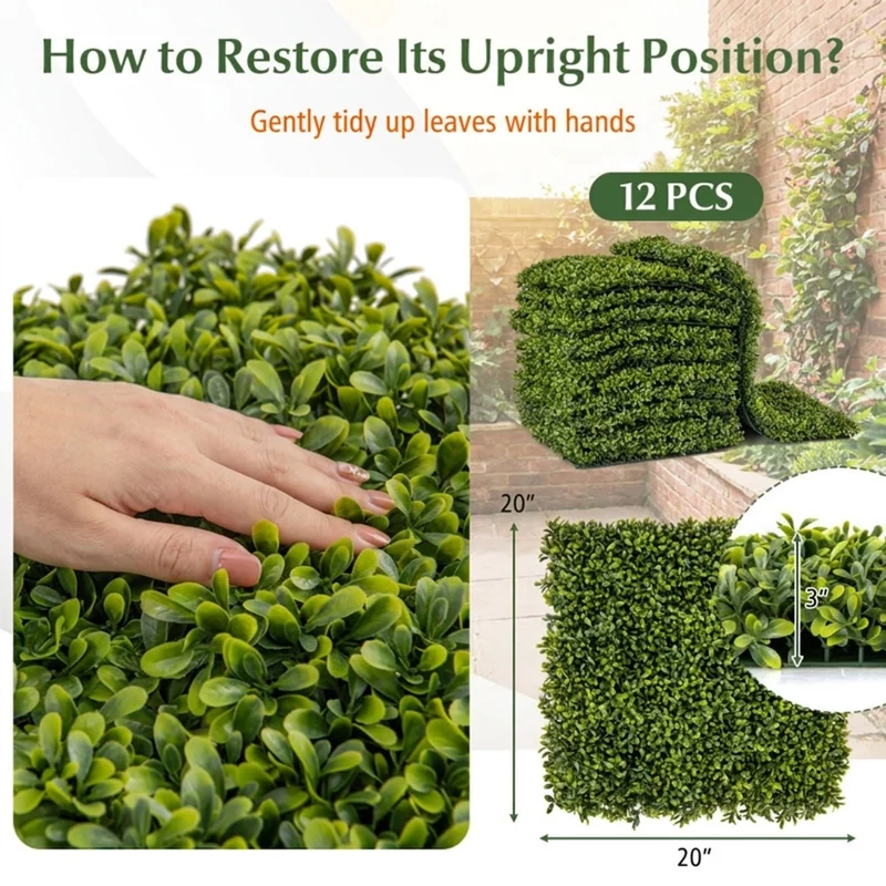 SUGIFT 12 Pieces 20 x 20 Inch Artificial Hedge Boxwood Panels, Faux Greenery Wall Panels for Indoor Outdoor Garden Fence Backdrop Decor, Green,