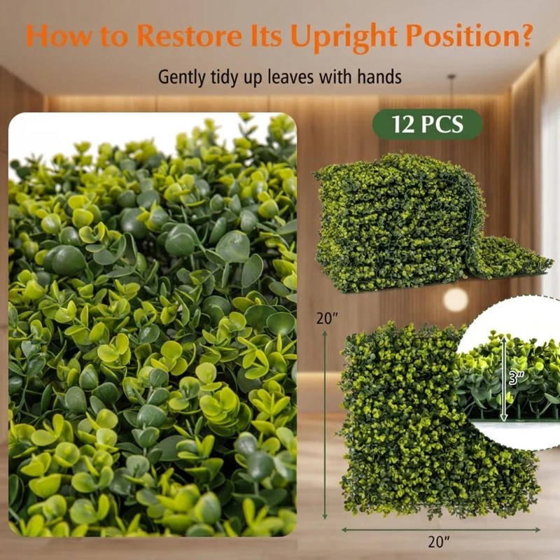 SUGIFT 12 Pack 20 x 20 Inch Artificial Hedge Eucalyptus Panels, Faux Greenery Wall Panels for Indoor Outdoor Garden Fence Backdrop Decor, Green