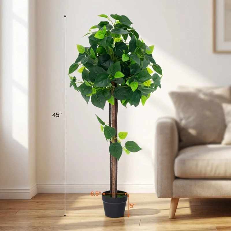 SUGIFT 45 Inch Artificial Hydrangea Tree with Real Wood Trunk, Faux Floral Plant with Green Leaves and Cement Pot for Indoor Living Room Decor, Green