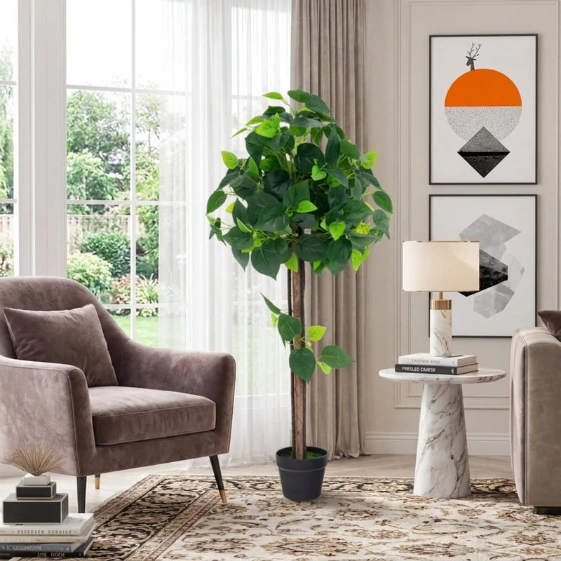 SUGIFT 45 Inch Artificial Hydrangea Tree with Real Wood Trunk, Faux Floral Plant with Green Leaves and Cement Pot for Indoor Living Room Decor, Green
