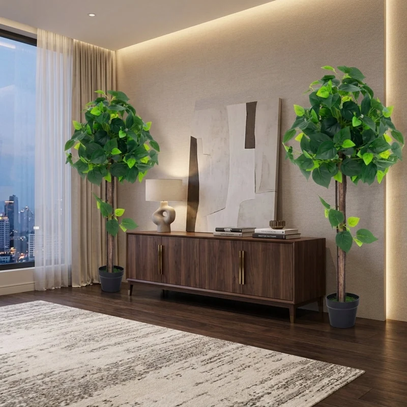 SUGIFT 45 Inch Artificial Hydrangea Tree with Real Wood Trunk, Faux Floral Plant with Green Leaves and Cement Pot for Indoor Living Room Decor, Green