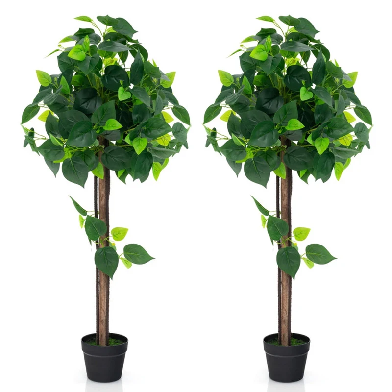 SUGIFT 45 Inch Artificial Hydrangea Tree with Real Wood Trunk, Faux Floral Plant with Green Leaves and Cement Pot for Indoor Living Room Decor, Green